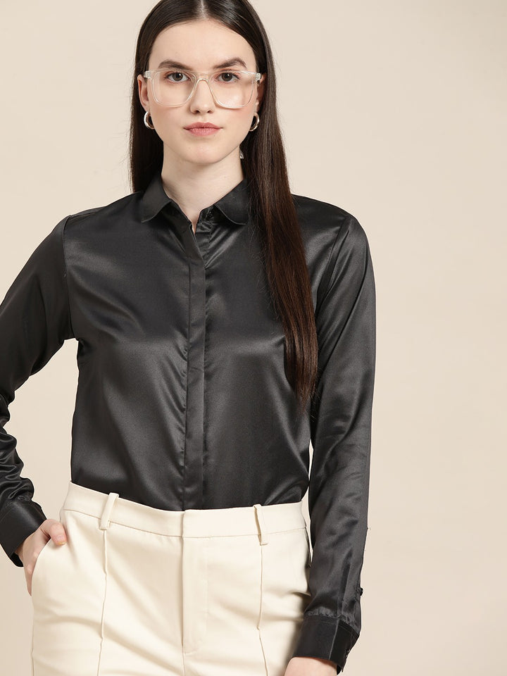 Women Black Solid Satin Formal Shirt