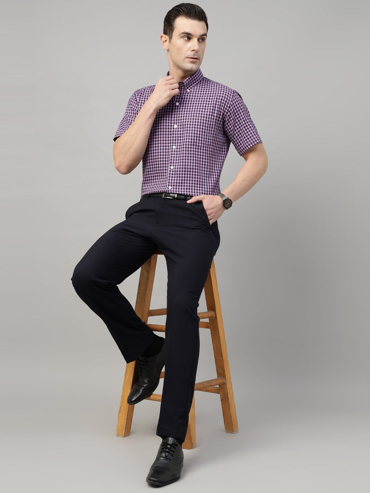 Men Purple & Navy Check Cotton Slim Fit Formal Shirt