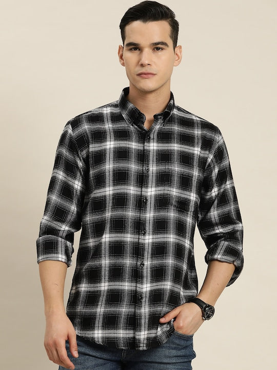 Men Black & White Checks Pure Cotton Slim fit Casual Shirt