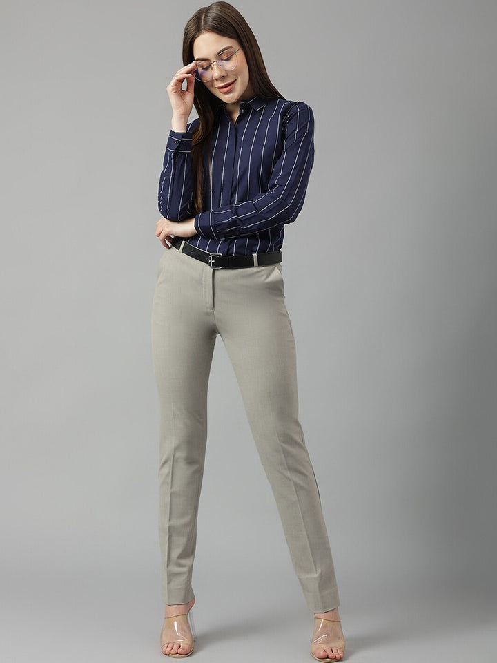Women Navy Blue Stripes Pure Cotton Plus Size Formal Shirt