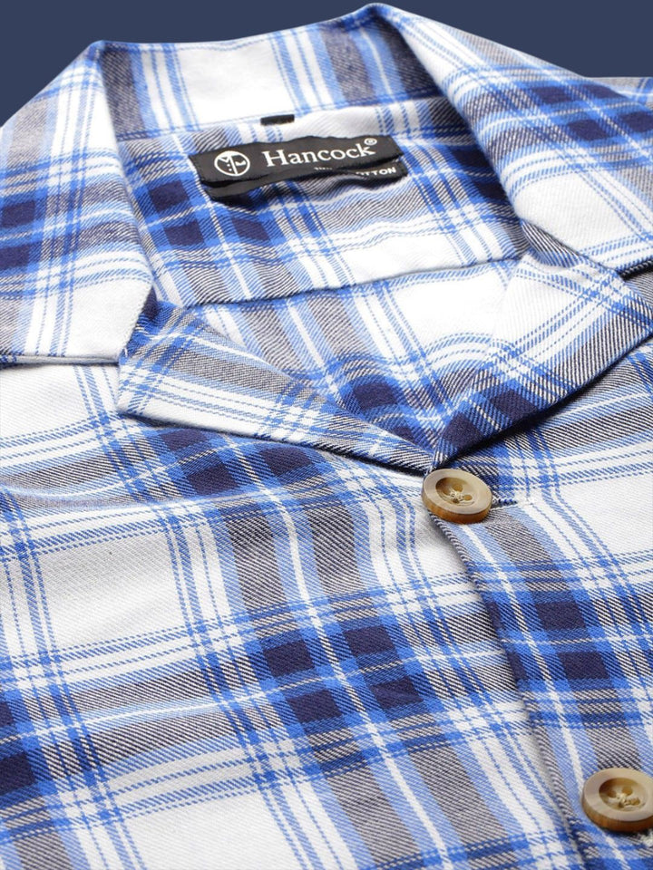 Hancock Men White & Blue Check Pure Cotton Relaxed Fit Night Wear Night Suit