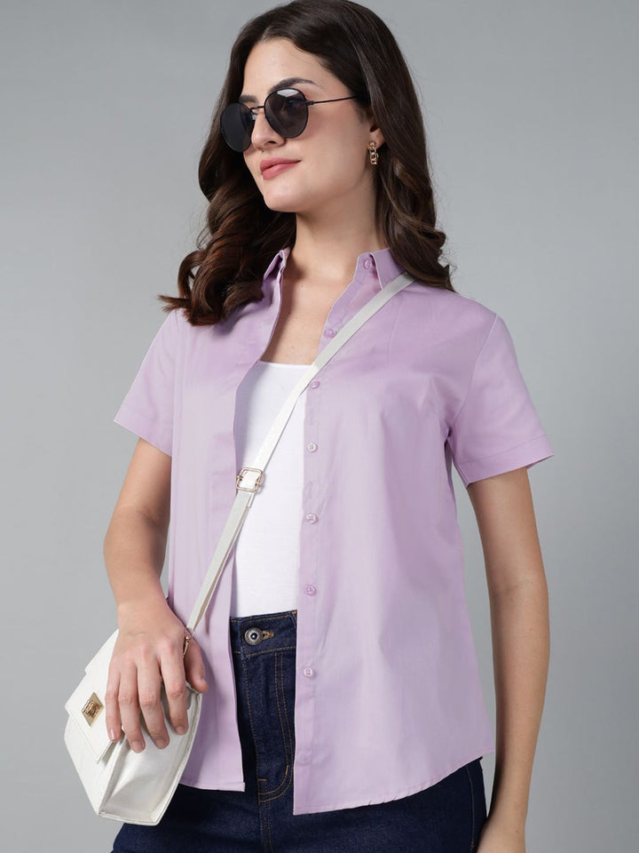 Hancock Women Lavender Solid Pure Cotton Short Sleeve Slim Fit Casual Shirt