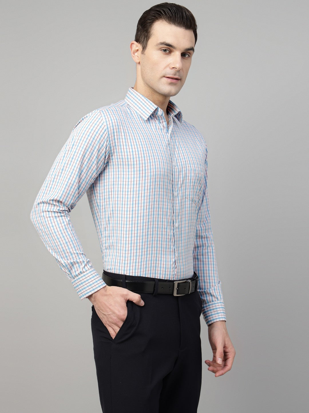 Men White & Blue Check Cotton Slim Fit Formal Shirt