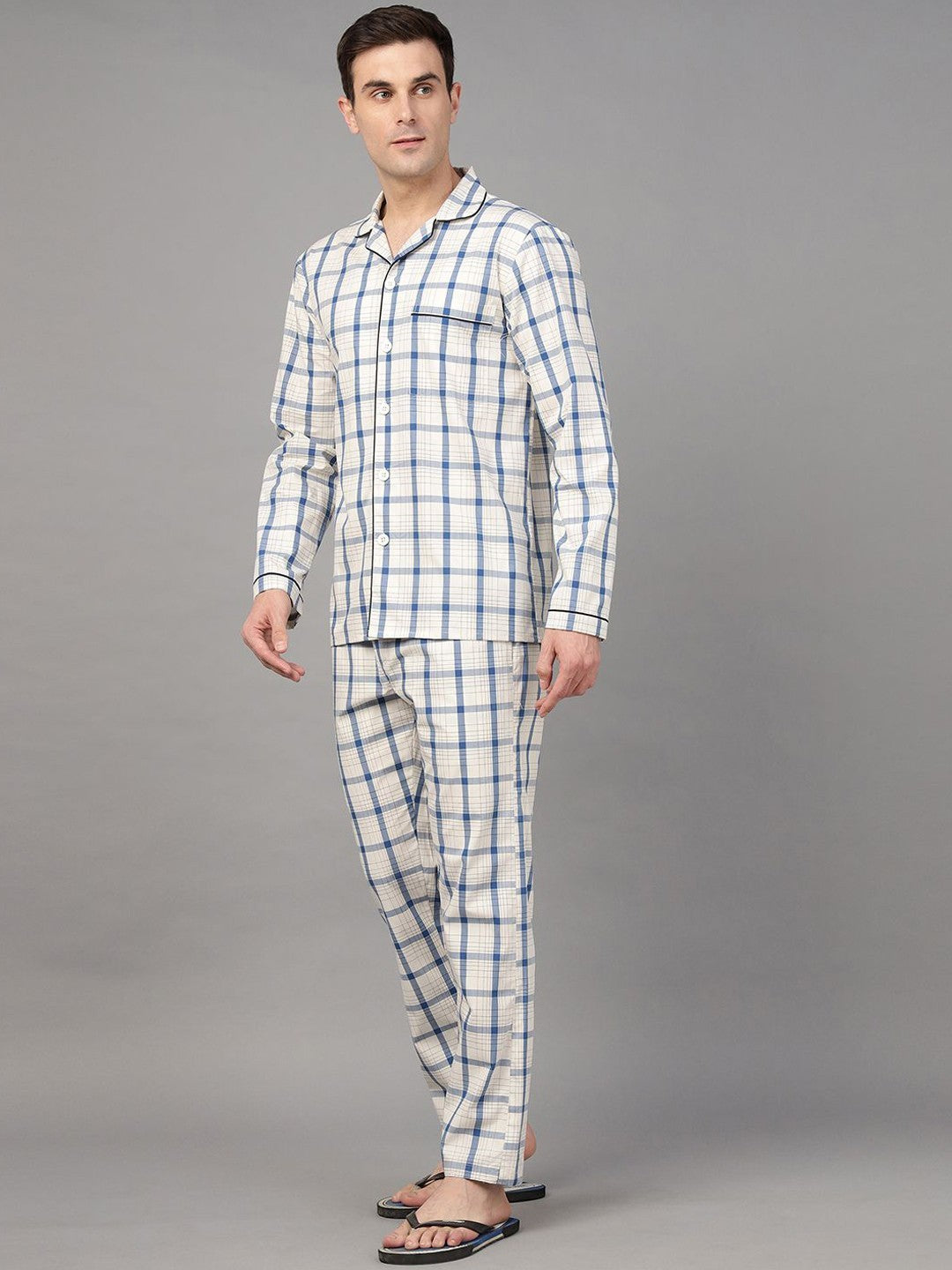Hancock Men Cream & Blue Check Pure Cotton Relaxed Fit Night Wear Night Suit