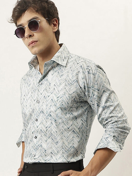 Men White & Blue Cotton Satin Herringbone Printed Slim Fit Party  Shirt