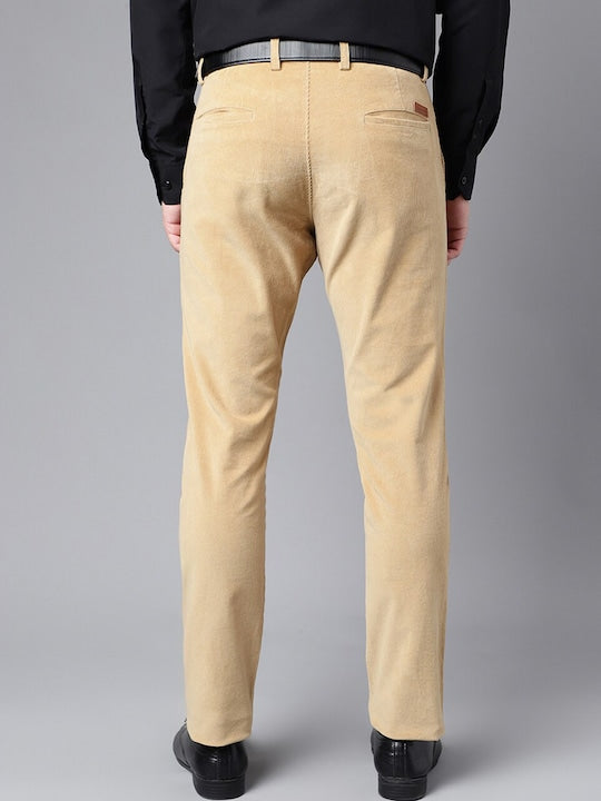 Men Khaki Solid Cotton cotton stretch corduroy Slim Fit Formal Trouser