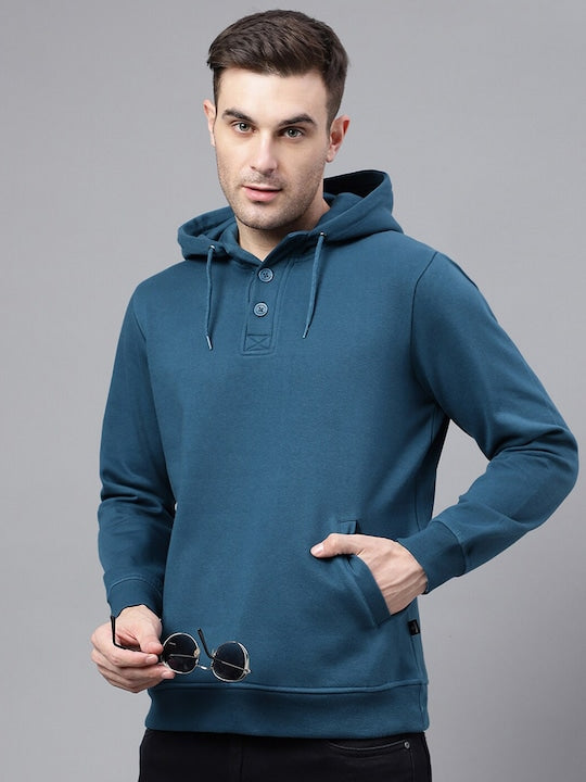 Men Turquoise Blue Solid Half Button Placket Long Sleeves Fleece Hooded Sweatshirt