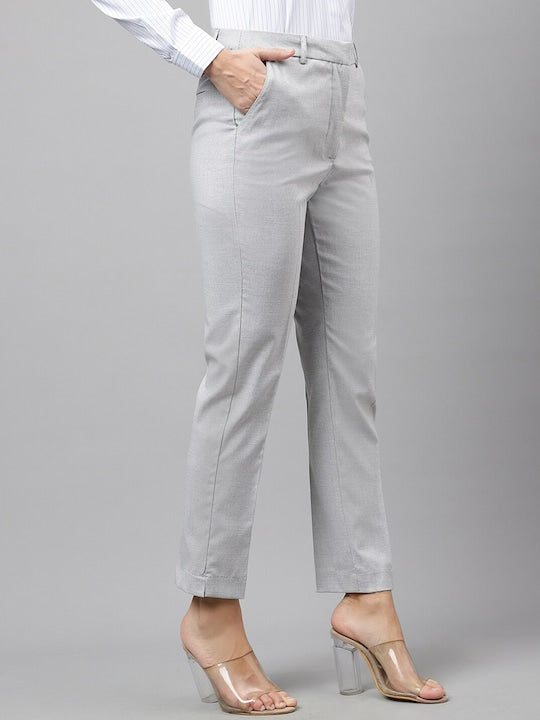 Hancock Women Light Grey Self Design Flat- Front Ciggarate Fit Formal Trouser