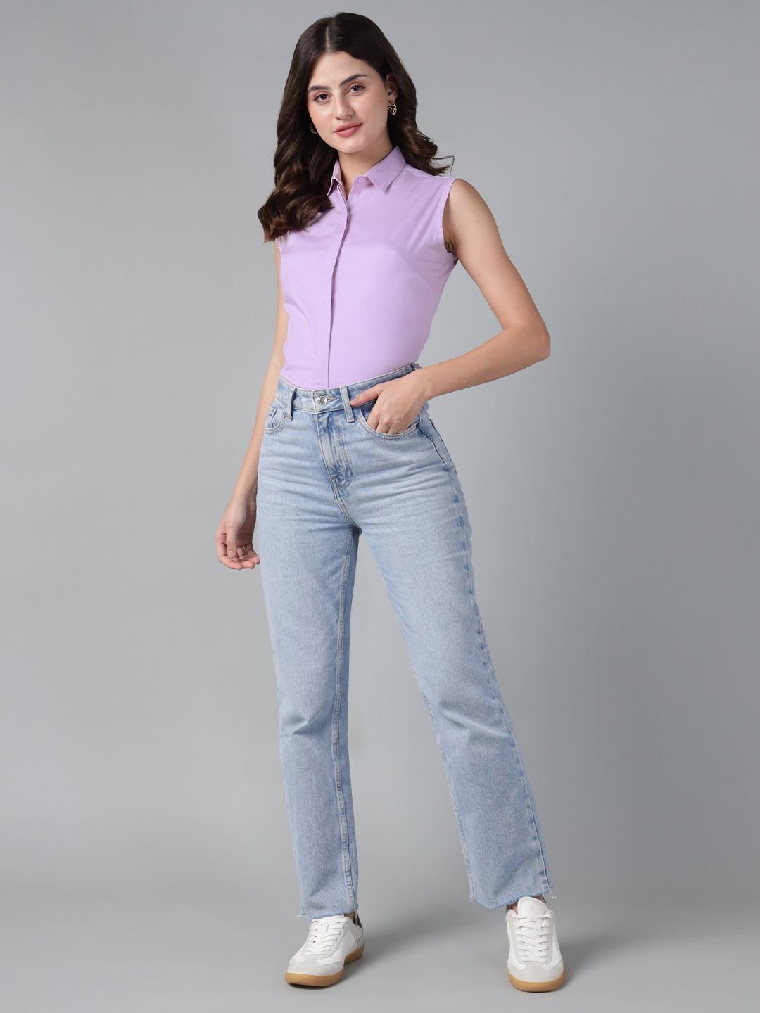 Hancock Women Lavender Solid Pure Sleeveless Cotton Slim Fit Formal Shirt
