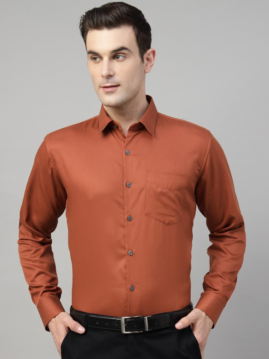 Men Rust Solid Cotton Slim Fit Formal Shirt