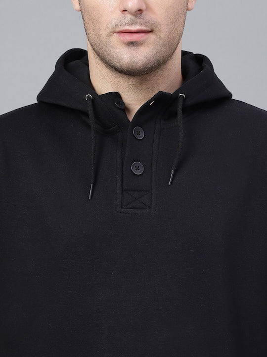 Men Black Solid Half Button Placket Long Sleeves Fleece Hooded Sweatshirt