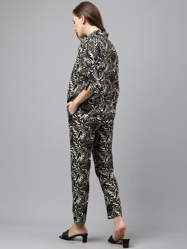 Hancock Women Viscose Rayon Tiger Printed Regular Spread Collar Shirt & Elasticated Pant Co-ords Set