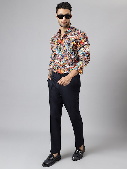 Men Multi color Conversational Printed Viscose Rayon Slim Fit Party Shirt