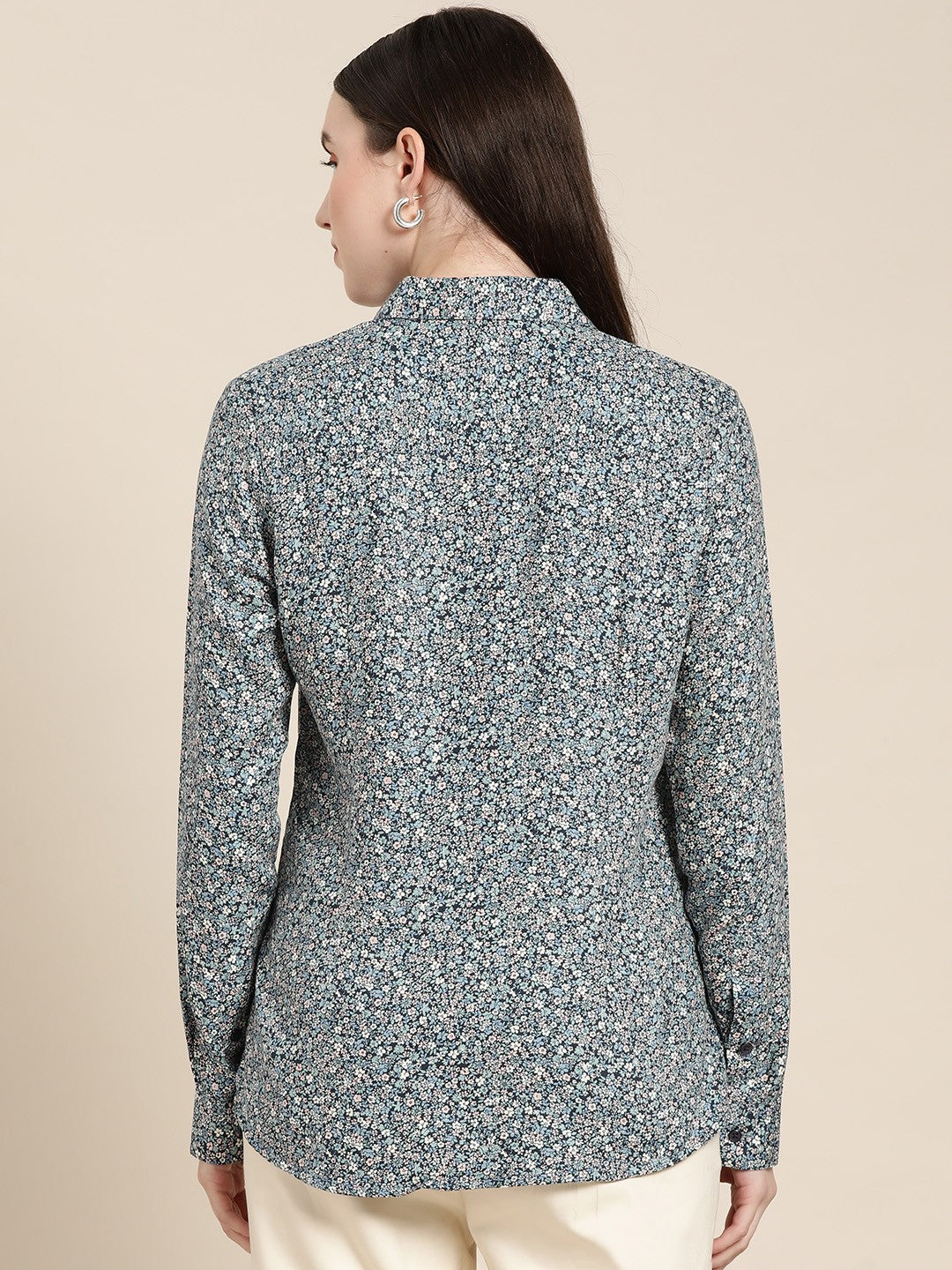 Women Navy Blue Floral Print Viscose Rayon Rayon Formal Shirt