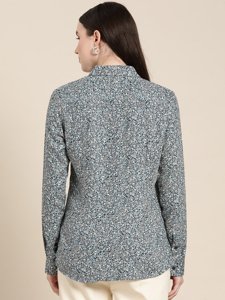 Women Navy Blue Floral Print Viscose Rayon Rayon Formal Shirt