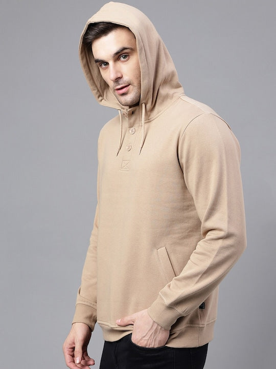 Men Beige Solid Half Button Placket Long Sleeves Fleece Hooded Sweatshirt