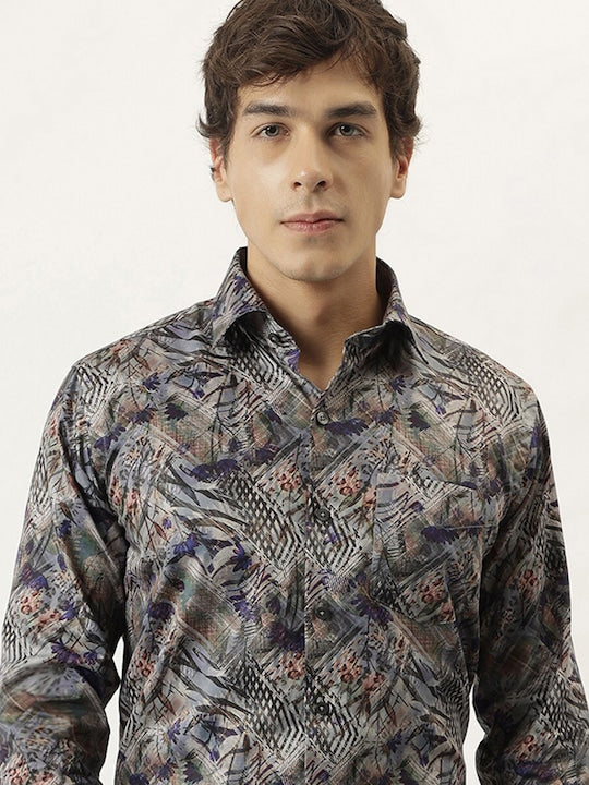 Men Grey & Multi Cotton Satin Abstract Digital Printed Slim Fit Party Shirt