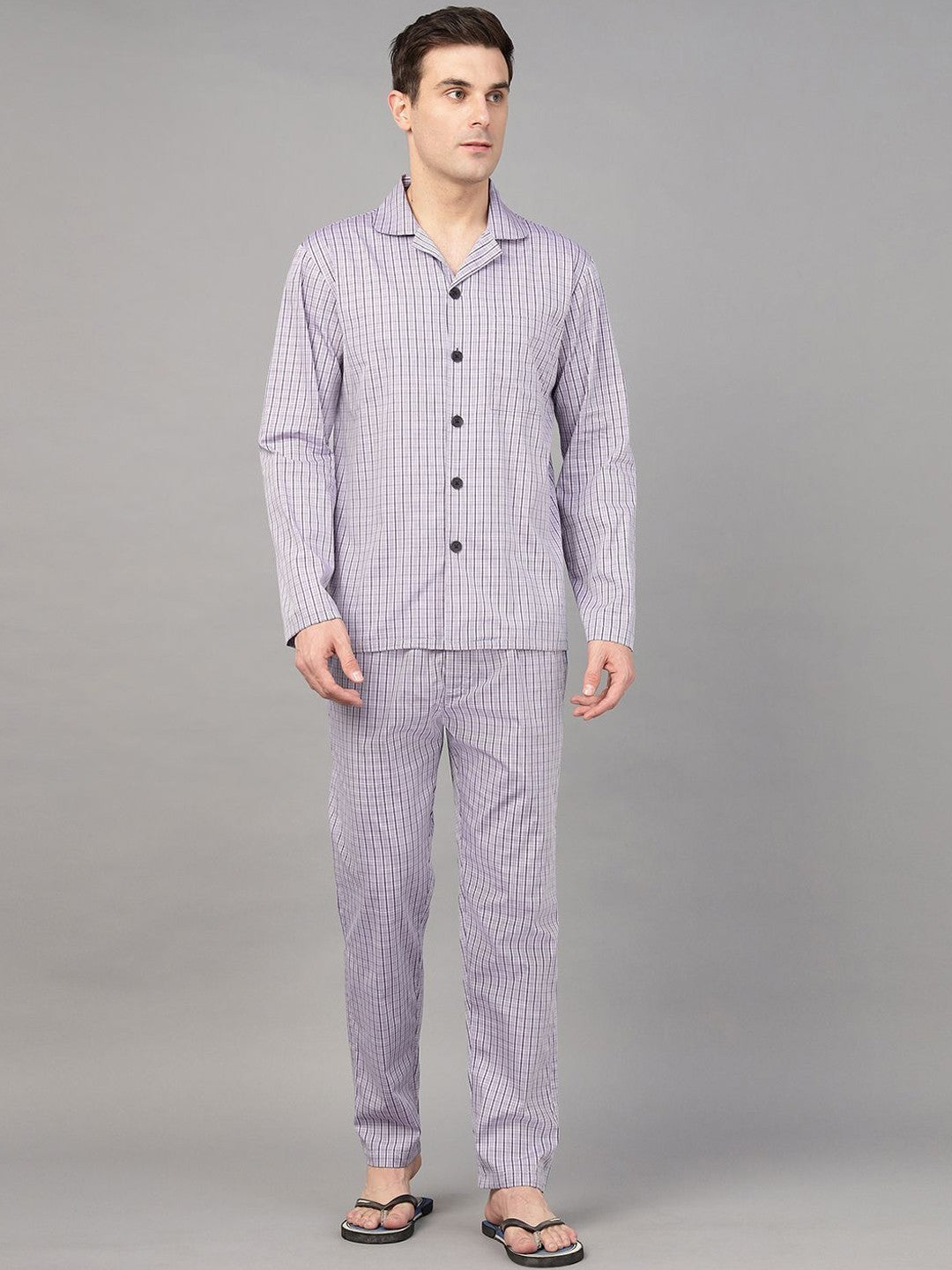 Hancock Men Lavender Check Pure Cotton Relaxed Fit Night Wear Night Suit