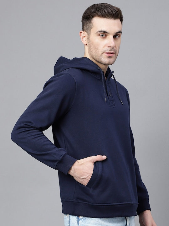 Men Navy Blue Solid Half Button Placket Long Sleeves Fleece Hooded Sweatshirt