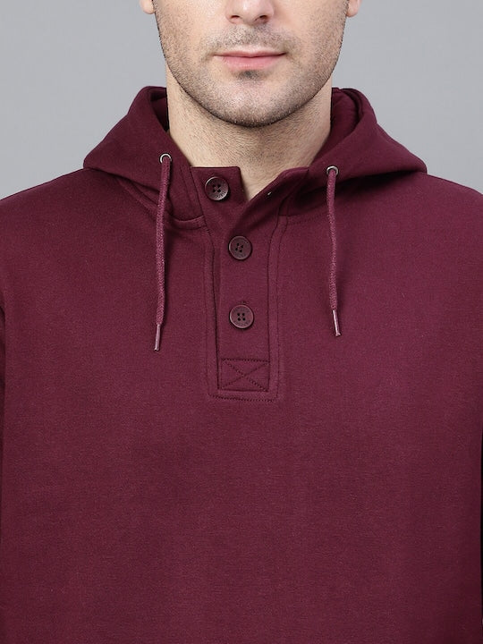 Men Burgundy Solid Half Button Placket Long Sleeves Fleece Hooded Sweatshirt