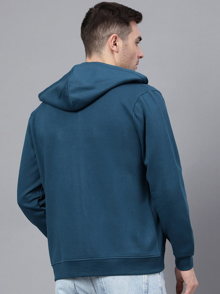 Men Turquoise Blue Solid Full Zipper Cargo Pocket Long Sleeves Fleece Hooded Sweatshirt