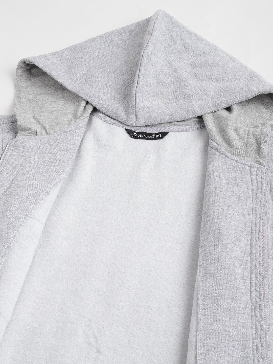 Men Melange Grey Solid Full Zipper Cargo Pocket Long Sleeves Fleece Hooded Sweatshirt