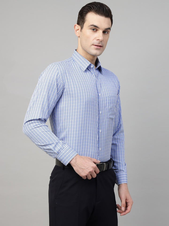 Men Blue Check Cotton Slim Fit Formal Shirt