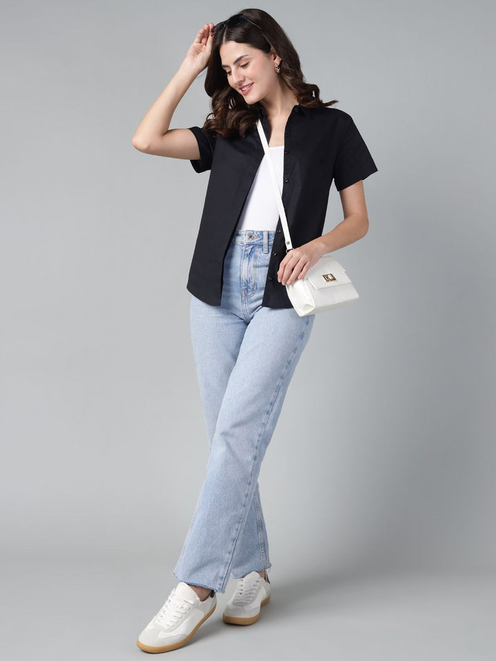 Hancock Women Black Solid Pure Cotton Short Sleeve Slim Fit Casual Shirt