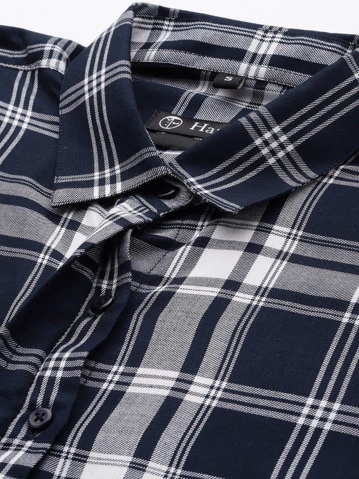 Women Navy Blue Checks Viscose Rayon Rayon Formal Shirt