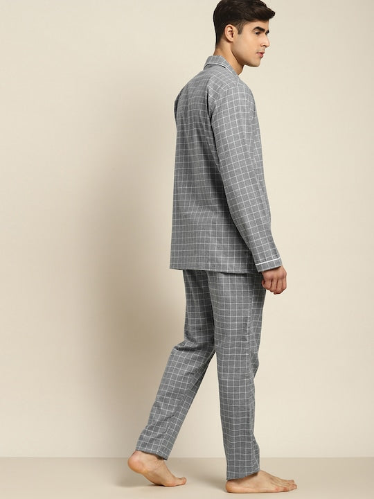 Men Grey Checks Pure Cotton Relaxed Fit Casual Night Suit