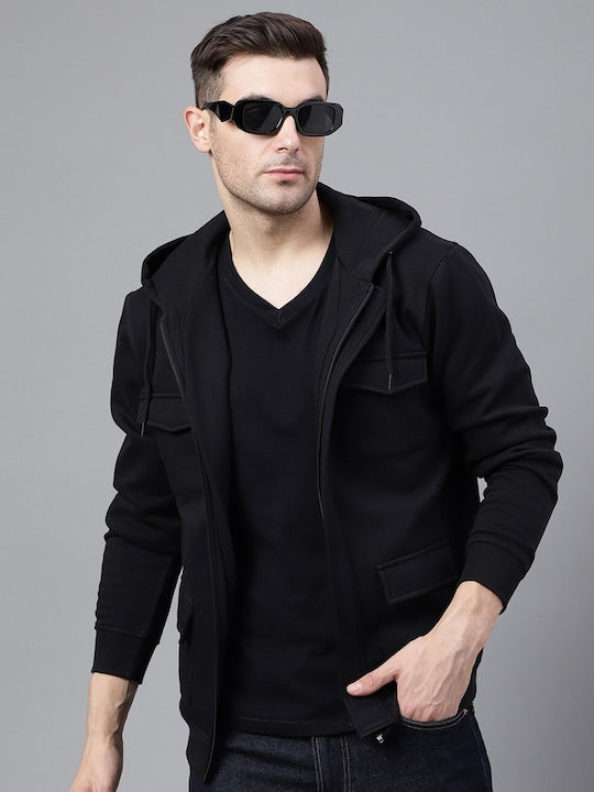 Men Black Solid Full Zipper Cargo Pocket Long Sleeves Fleece Hooded Sweatshirt