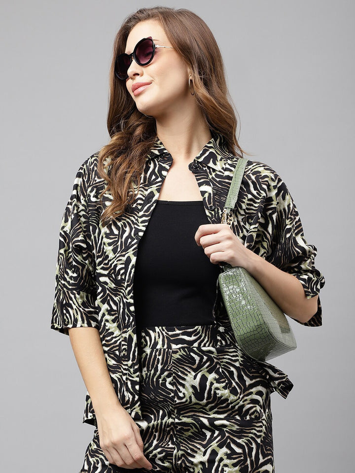 Hancock Women Viscose Rayon Tiger Printed Regular Spread Collar Shirt & Elasticated Pant Co-ords Set