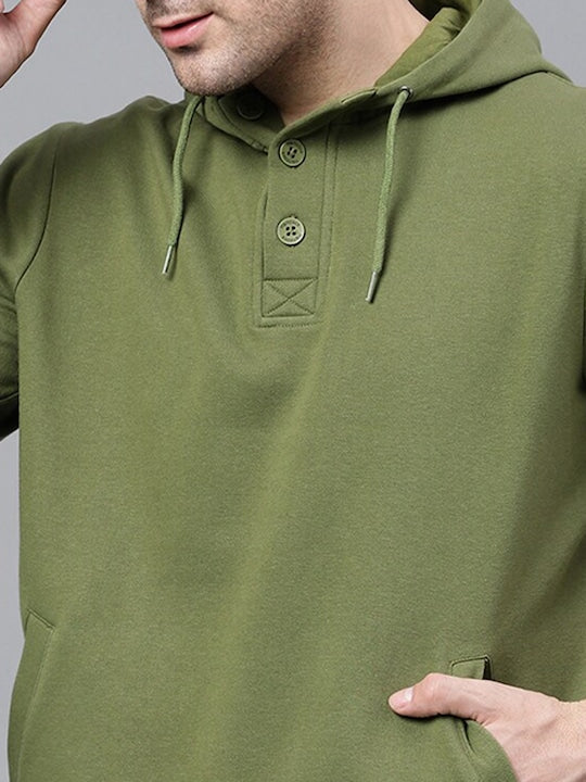 Men Olive Solid Half Button Placket Long Sleeves Fleece Hooded Sweatshirt