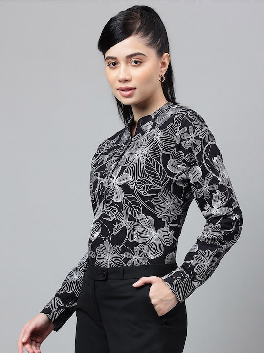 Women Black  Floral Printed Pure Cotton Long sleeve Regular Fit Formal Top