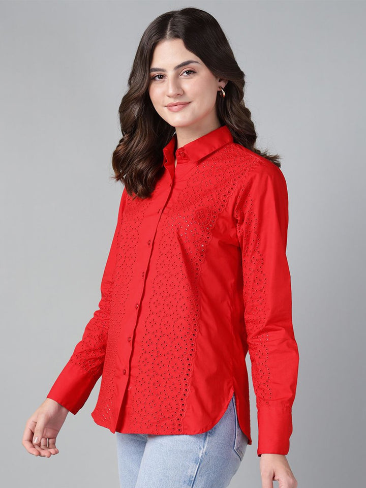 Hancock Women Red Solid Schiffli Pure Cotton Relaxed Fit Casual Shirt