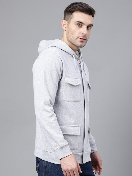 Men Melange Grey Solid Full Zipper Cargo Pocket Long Sleeves Fleece Hooded Sweatshirt