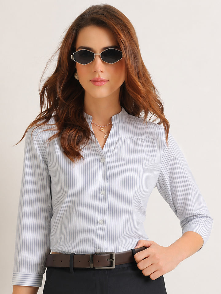 Hancock   Women   White & Navy Blue   Stripes   Pure Cotton   Regular Fit   Formal   Shirt