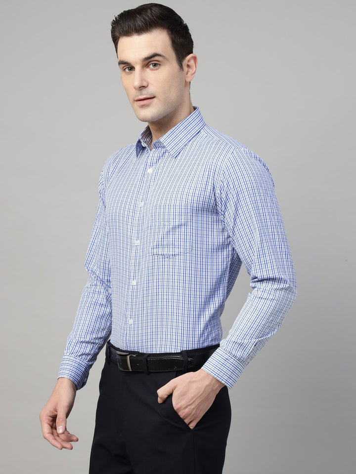 Men Blue Check Cotton Slim Fit Formal Shirt