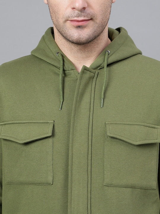 Men Olive Solid Full Zipper Cargo Pocket Long Sleeves Fleece Hooded Sweatshirt