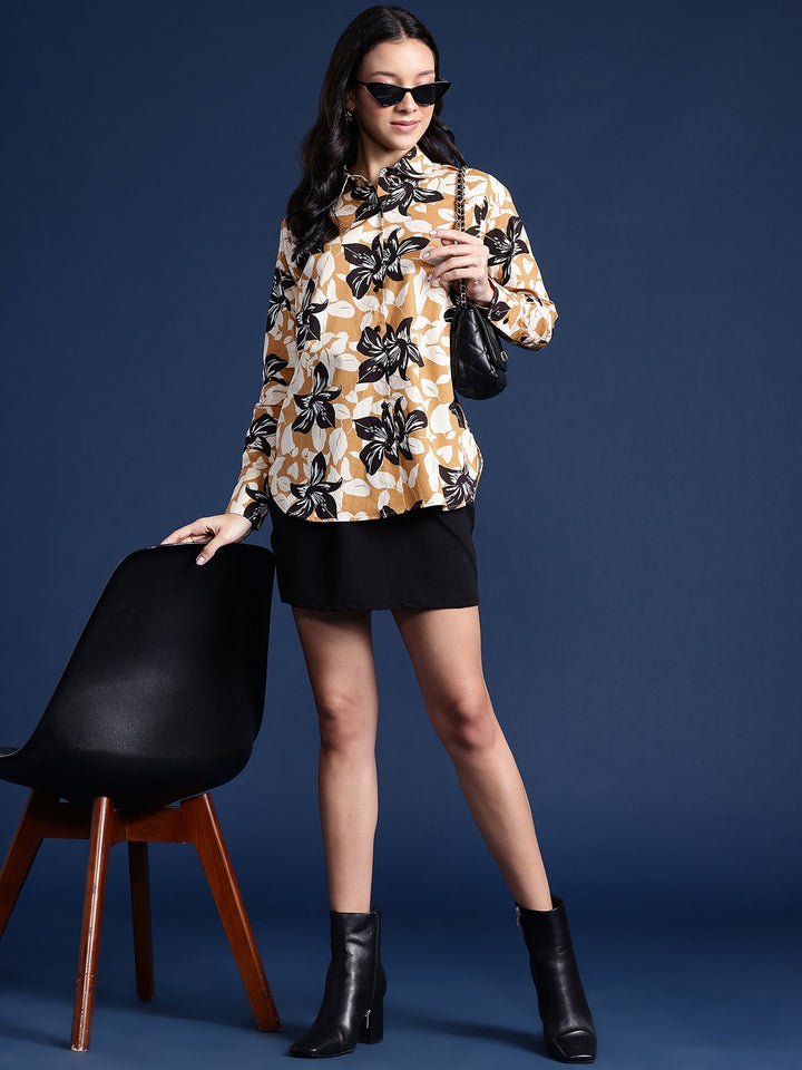 Women Beige & Mustard Floral Print Pure Cotton Boyfriend Fit Casual Shirt