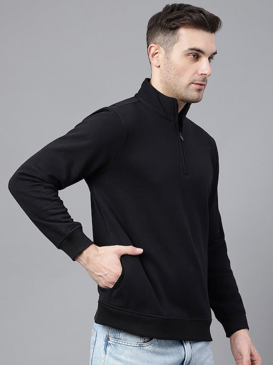 Men Black Solid Half Zipper Long Sleeves Fleece Sweatshirt