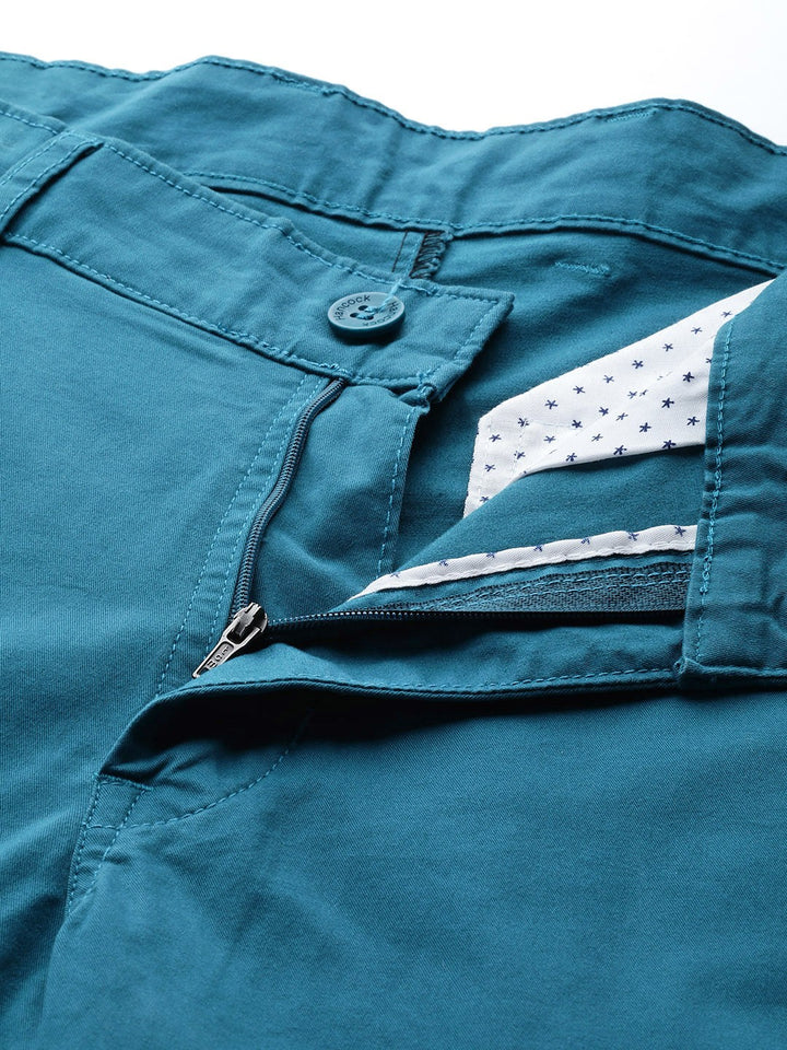 Men Turquoise Blue Solid Pure Cotton Slim Fit Formal Trouser