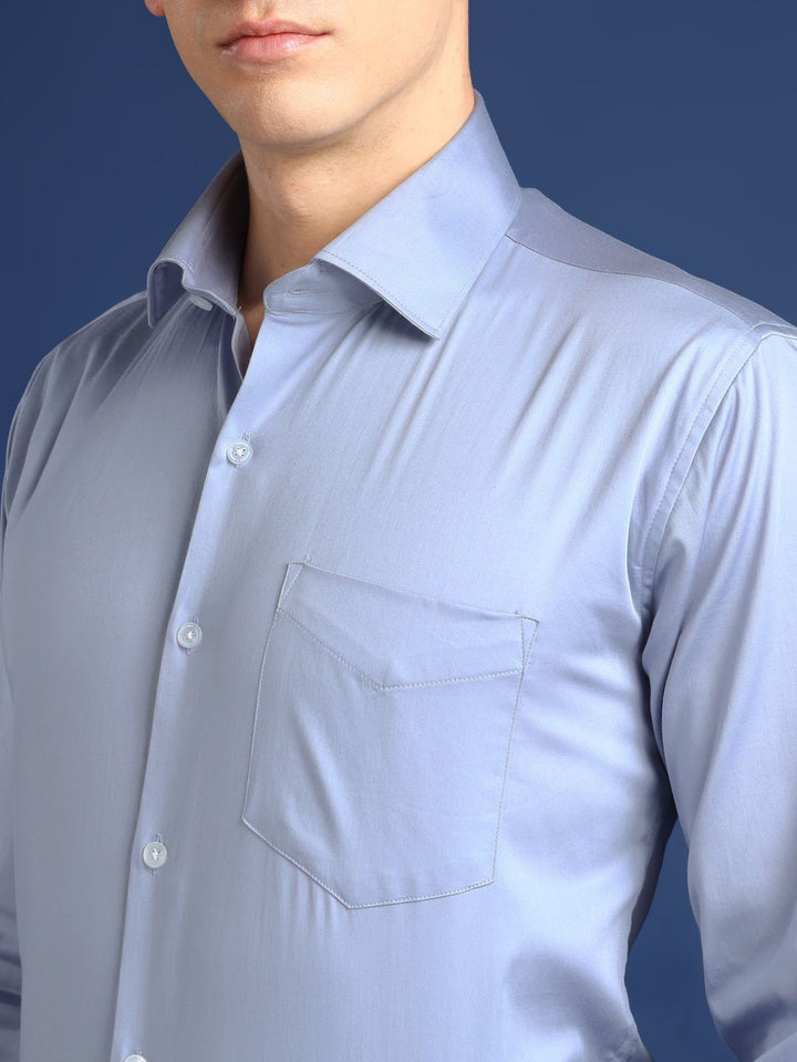 Hancock Men Sky Blue Solid Cotton Elastene Slim Fit Party Shirt