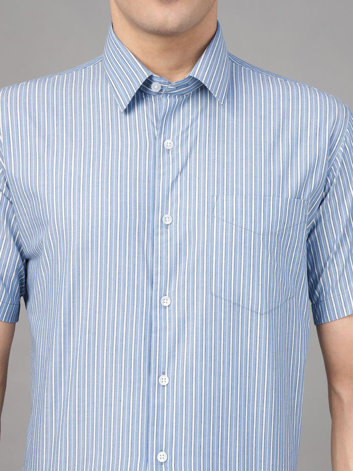 Hancock Men Blue & White Stripe Pure Cotton Slim Fit Formal Shirt