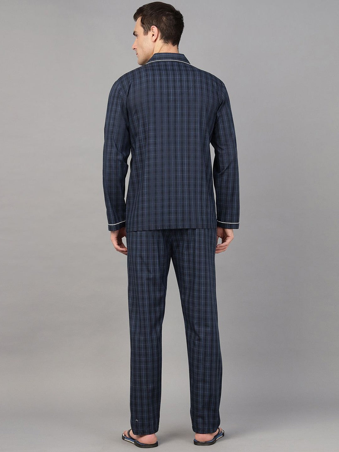 Men Navy Blue Check Pure Cotton Relaxed Fit Night Wear Night Suit