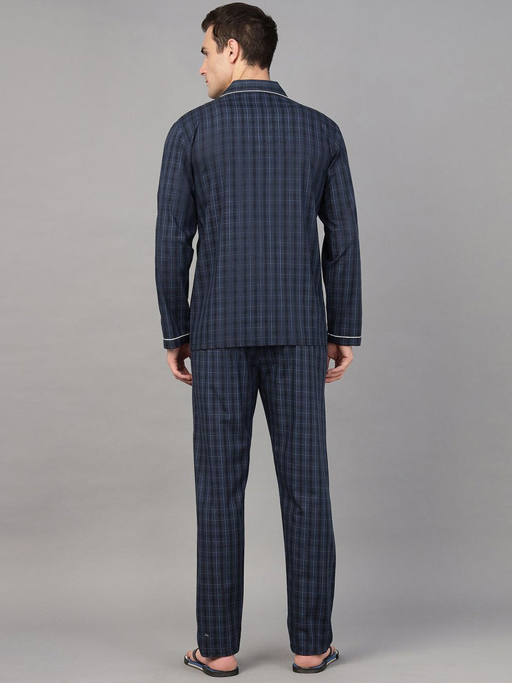 Men Navy Blue Check Pure Cotton Relaxed Fit Night Wear Night Suit