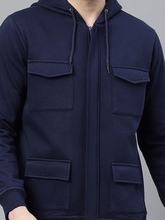 Men Navy Blue Solid Full Zipper Cargo Pocket Long Sleeves Fleece Hooded Sweatshirt