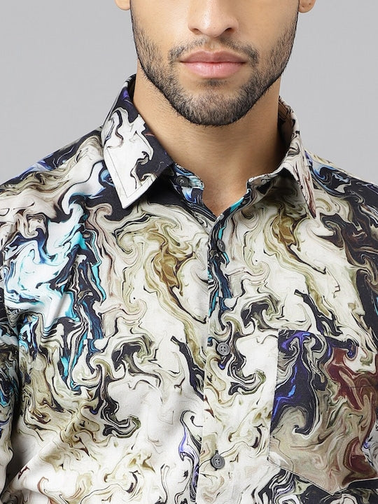 Men Beige Abstract Printed Viscose Rayon Slim Fit Party Shirt