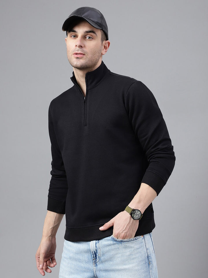 Men Black Solid Half Zipper Long Sleeves Fleece Sweatshirt