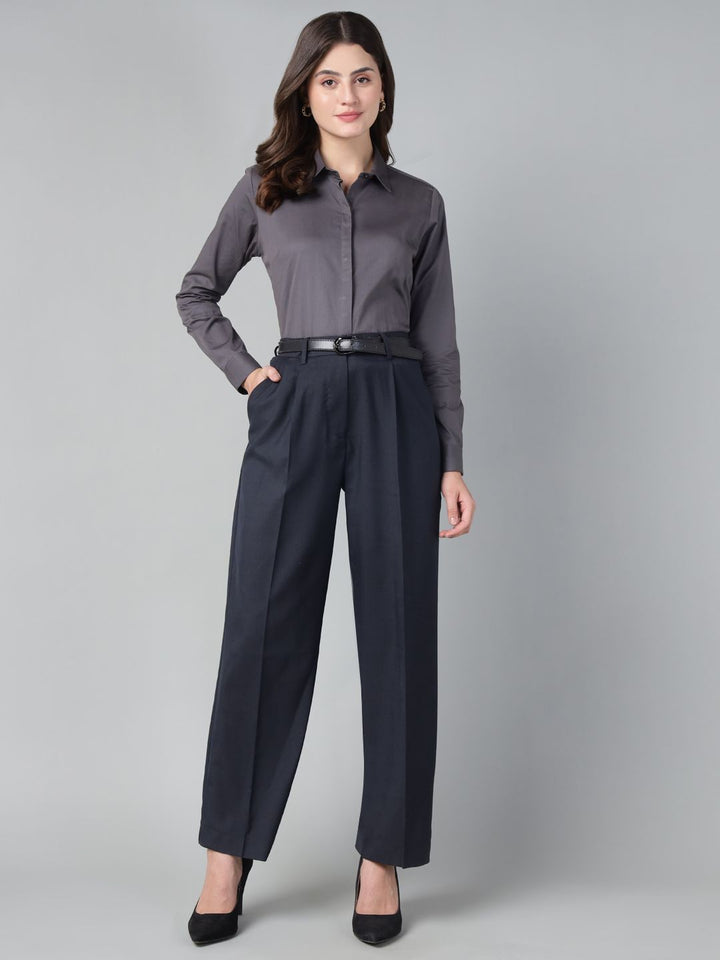 Hancock Women Dark Grey Solid Pure Cotton Regular Fit Formal Shirt